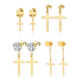 Ofeiyaa 4 Pairs Stainless Steel Dangle Hinged Hoop Earrings Huggie Earrings Piercing CZ Stud for Men Women Gold Tone