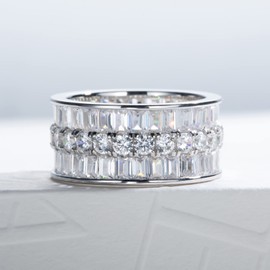 Gobaalele Emerald Cut Eternity Band Ring, 7.5cttw 5A Cubic Zirconia Triple Row Wide Wedding Ring, CZ White Gold Plated S925 Sterling Silver Cocktail Statement Ring for women Size4.5