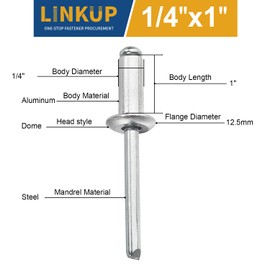 Linkup 50pcs pack 1/4" x 1" Pop blind Rivets, 6.4mm x 25mm pop rivets,Aluminum Body Steel Mandrel Rivets (Sliver),Dome Head aluminum rivets