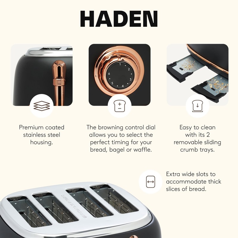 HADEN Heritage 4-Slice Toaster with Extra Wide Slots, 1500-Watt, Black