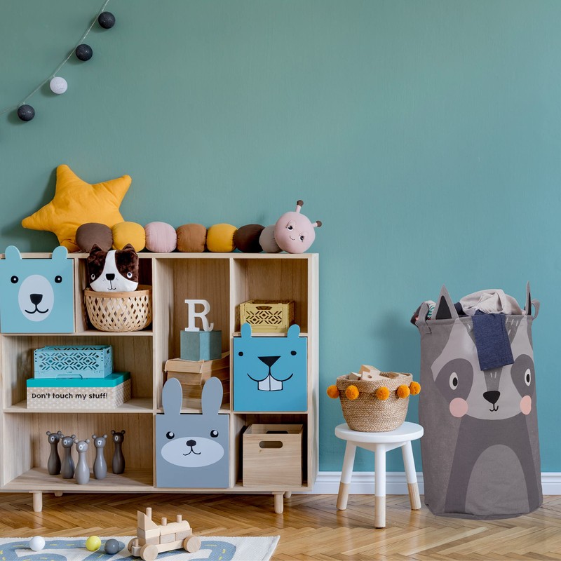 Relaxdays Childrens Storage Basket, Raccoon Design, Foldable, H 55 x