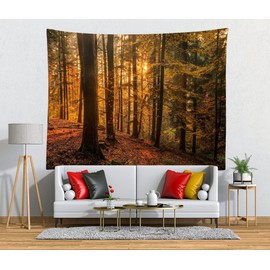 BELECO Fall Forest Tapestry Wall Hanging 80x60 Inch Autumn Sunset Scenery Trees Maple Leaves Nature Tapestry Dark Mountain Forest Landscape Tapestries Art Wall Decor for Bedroom Living Room Dorm