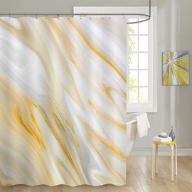 MitoVilla Gold Marble Shower Curtain Set, Yellow Abstract Fabric Shower Curtain for Bathroom Decor, Modern Standard Shower Curtain for Bathtub, Luxury Washable Shower Curtain, 72 x 72