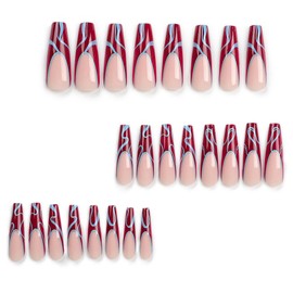 Press on Nails Long Coffin BAOYAALIN, Red Fake Nails with Design Gel Glue on Nails for Women Girls Full Cover Acrylic Artificial False Stick on Nail for Wedding 24Pcs in 12 Sizes