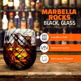 IMPULSE! Marbella Rocks Vintage Black Glassware Set of 4 - Hand-Blown Glasses with Swirl Pattern, Artisanal Craftsmanship -Transparent BPA-Free Cocktail Glasses-Comfortable Grip - 3.7 × 2.5 × 4 inches