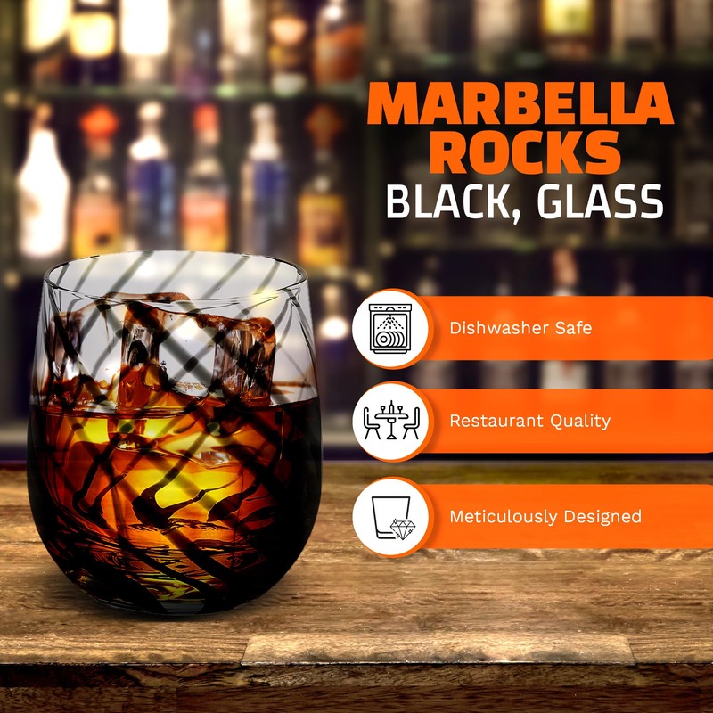 IMPULSE! Marbella Rocks Vintage Black Glassware Set of 4 -