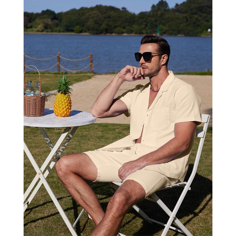 YAOHUOLE Mens Beach Clothes Linen Sets Men Outfits 2 Piece