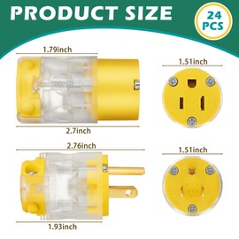 Flutesan 12 Set 24 Pcs Lighted Plug and Connector Set Straight Blade Cord End Replacement 15A 125V Compatible with NEMA 5-15P and 5-15R 2 Pole 3 Wire Grounding Extension Cord Replacement Ends (Yellow)