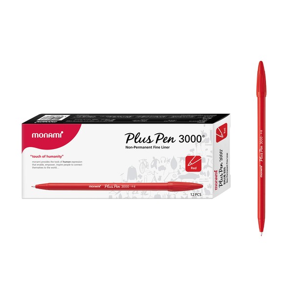 MONAMI Plus Pen 3000 Felt Tip Pens, Fine Point (0.4mm), Fine Liner, Writing/Journaling/Note Taking at home, school and office, Red, 12-Count