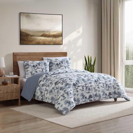 Eddie Bauer - Full/Queen Comforter Set, Super Soft Reversible Bedding with Matching Shams, Buffalo Check Reverse, Rustic Inspired Room Essentials (Vintage Forest Toile Blue, Full/Queen)