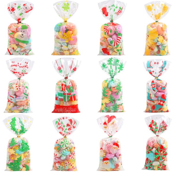CCINEE Christmas Cellophane Bags,Xmas Assorted Treat Bags with Twist Ties Candy Cookie Bags for Party Supplies,144PCS