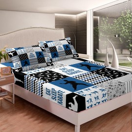 Karate Fitted Sheet Full Size,Karate Player Silhouette Bedding Set 3Pcs,Boys Men Sports Theme Bed Sheet Geometry Stars Stripes Patchwork Navy White Black Plaid Deep Pocket Sheet,2 Pillowcases