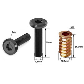 Dayalo Pack of 10 Flat Head Screws and Screw Nuts, Threaded Insert Wood, Black Screws Made of Stainless Steel, M8 x 25 & M8 x 25 mm, Screw Thread Nuts for Wooden Furniture, with 2 Keys