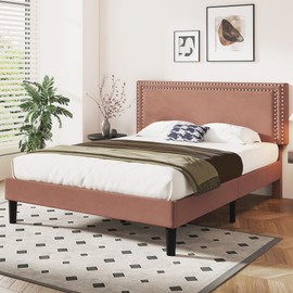 VECELO Full Size Bed Frame with Adjustable Upholstered Headboard, Wooden Slats Platform, Noise-Free Design, No Box Spring Needed, Easy Assembly