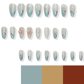 Handmade Blue Gradient Press on Nails Medium Almond Fake Nails with 3D Flower Pearl Fish Glitter Design False Nails Pink Petals Artificial Nails Glossy Gel Glue on Nails for Coquette Women Girls 24PCS