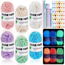 6 Rolls Glow in The Dark Yarn for Crochet DIY Glow Yarn Luminous Knitting Crochet Yarn Kit with 6 Weaving Needles 20 Locking Knitting Markers 2 Crochet Hooks for Arts Crafts (Vivid Colors,Cotton)