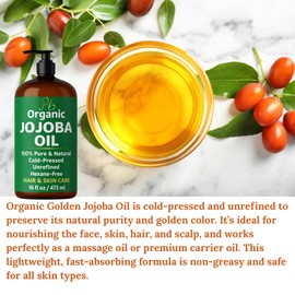 Organic Jojoba Oil– 100% Pure, Cold-Pressed, Unrefined & Hexane-Free – Golden Jojoba Oil for Face, Body, Hair & Nails – Supports Hair Growth, Anti-Aging & Wrinkle Reduction – 16 fl oz Glass Bottle