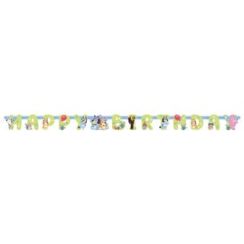 Bluey Birthday Party Supplies Bundle includes 1 Happy Birthday Banner , 3 Hanging Swirl Decorations, 1 Dinosaur Sticker Sheet