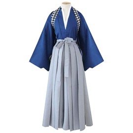 [LanBuff] Unisex Samurai Costume, Horse Riding Hakama, Japanese Dance, Hakama, Kimono, Samurai, Cosplay Costume, Kendo, Kyudo, Iaido, Practice Wear, Top and Bottom Set, With Scarf (M, Blue)