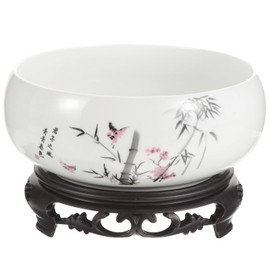 Veemoon Ceramics Water Lily Planter, Chinese Hydroponic Pot Oriental Lotus Bowl Succulent Flowerpot with Stand Table Bonsai Planter for Office Garden Indoor Outdoor