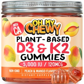 OH MY CHEWY Center-Filled Vitamin D3 K2 Gummies - Kids, Teens & Adults - Supplement for Healthy Teeth, Bone, Energy & Immunity - 5000 IU D3, 120 mcg K2(MK-7), 120 mg Calcium - Vegan & Non-GMO - 60 Count