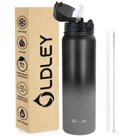 OLDLEY Stainless Steel Water Bottle with Straw 1L Vaccum Insulated Large Drink Flask Metal Water Bottles 1 Litre Leakproof Keep Drinks Hot Cold for Sports Gym Travel Adult Women Men(Black Grey, 1 Lid)