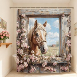 LMMRLM Farmhouse Horse Shower Curtain Western Barn Door Cowboy Vintage Old Wood Board Wild Green Leaves Wood and Pink Floral Decor Curtain 70" Wx70 H Polyester Fabric