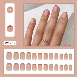 French Tip Press on Nails Short Square Shaped Fake Nails with Rainbow Colorful Design French False Nails Glossy Pink Full Cover Acrylic Nails Square Stick on Nails for Women 24 Pcs