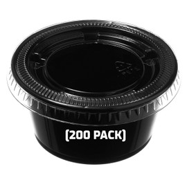 [200 Pack] 2 Oz Leak Proof Black Plastic Condiment Souffle Containers with Lids - Plastic Black Portion Cup with Plastic Lid Perfect for Sauces, Samples, Slime, Jello Shot, Food Storage