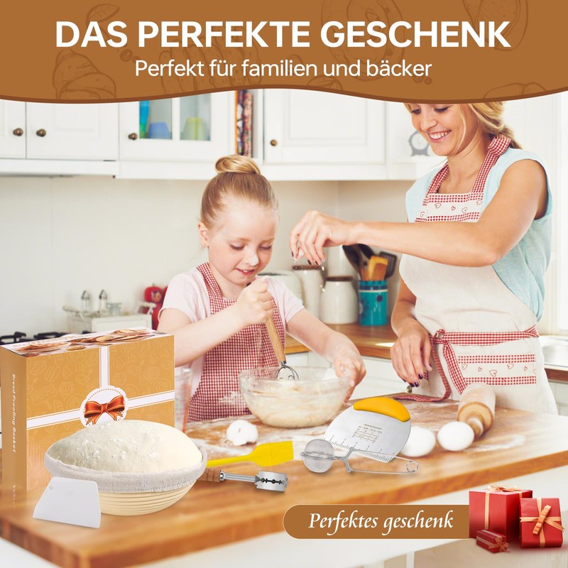 Toyvile 10-Teilig Sauerteig Starter Set, 23 cm Gärkorb Rund, Gärkörbchen