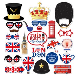 25Pcs British Photo Booth Props Kit British National Day Party Decorations London England Decorations Selfie Props with Stick for British London National Day British Party Decorations