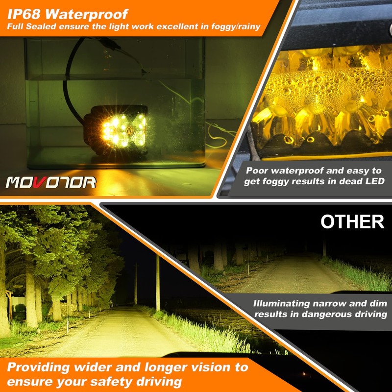 MOVOTOR Amber LED Pods, Waterproof IP68 Yellow Lens Cube Offroad