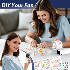 LEWOTE Portable Handheld Turbo Fan, 9 Gear Wind Rechargeable with LED Display Hand/Desk Foldable Fans,with 2 Sheets Alphabet Sticker and 4 Cartoon Doll Used For DIY (White)