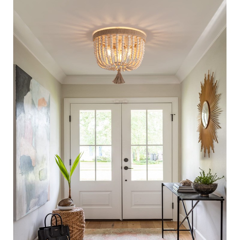 AMZASA Boho Flush Mount Ceiling Light Wooden Beaded Hepm Rope