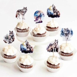 Cyodoos - Paquete de 24 decoraciones de lobo para tartas de lobo, decoraciones de fiesta de lobo, decoración de fiesta de cumpleaños, boda