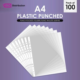100 A4 Plastic Punched Pockets 45 Micron Polly Pockets Filing Folders Wallets Sleeves for Home Office and School Document Files Folders Filing Wallets Sleeves Hold 15 to 20 Sheets
