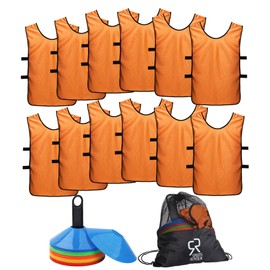 Soccer Cones (Set of 50) and Sports Jerseys Pinnies (12-Pack) - Perfect Disc Cones for Basketball Drills, Complete Soccer Training Equipment
