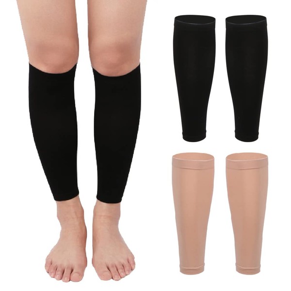 Angzhili 2 Pairs Calf Compression Sleeves for Women,Footless Compression Socks for Running,Yoga and Fitness,Leg Compression Socks for Calf Pain Relief (Medium, Black+Skin)