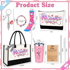 Nurse Gifts for Women Nurses Graduation Week 2025 Gift Set Nurse Funny Practitioner Appreciation Gifts for Women Gift Box for Nurses Canvas Tote Bag Cosmetic Bag Socks Wine Cup Keychain Bracelets