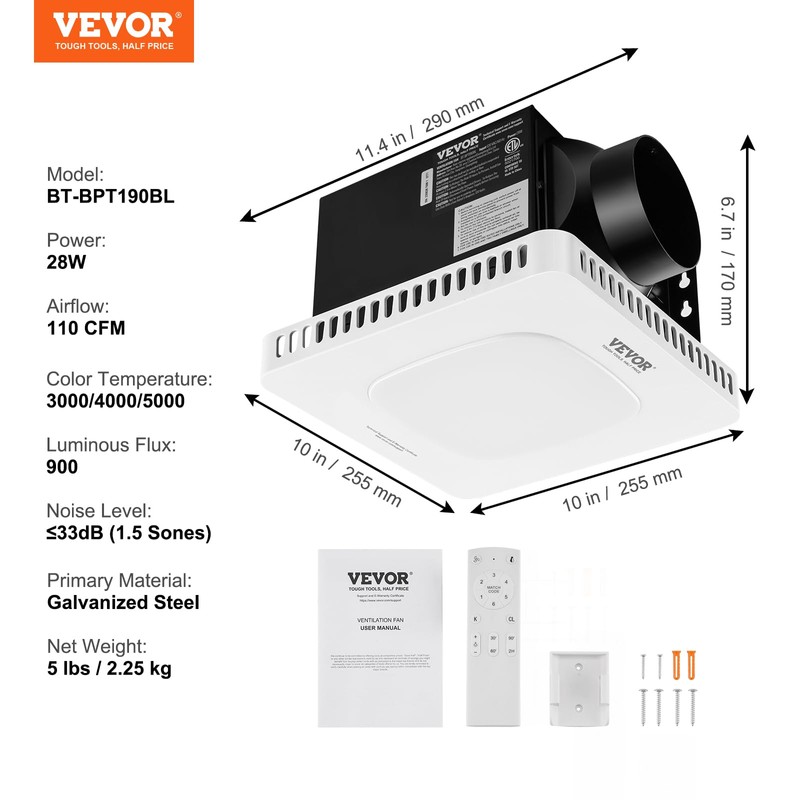 VEVOR Bathroom Exhaust Fan, 110 CFM High-Efficiency Ventilation, Remote Control,