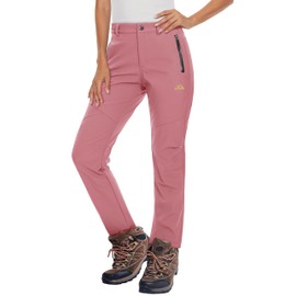 MAGCOMSEN Women's Hiking Pants Waterproof Insulated Snow Ski Pants Fleece Lined Winter Pants Warm Outdoor Hunting Pants Grey Pink L