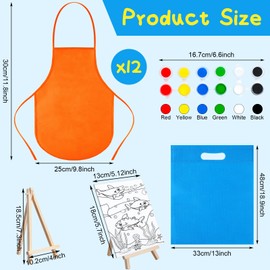 Tenceur 48 Pcs Kids Paint Party Favors Sets with 12 Pcs Pre Drawn Canvas Panel and Wooden Easel Set Paint Pots and Brushes, 12 Pcs Mini Apron and Tote Bag for Kids Student (Fresh)
