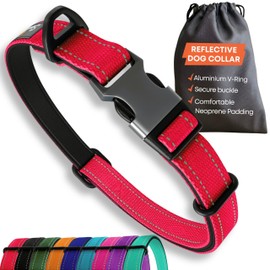 Strong Dog Collar for Large Dogs - Red Reflective Adjustable Padded Dog Collars - Aluminium V-Ring Dog Safety