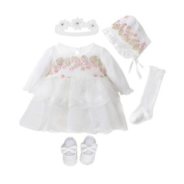 foohinck - Ropa de vestir para bebé recién nacido, 0, 3, 6 meses, vestido de princesa rosa, traje de bautizo, vestido de fiesta, sombrero y zapatos, Blanco, 3 Meses