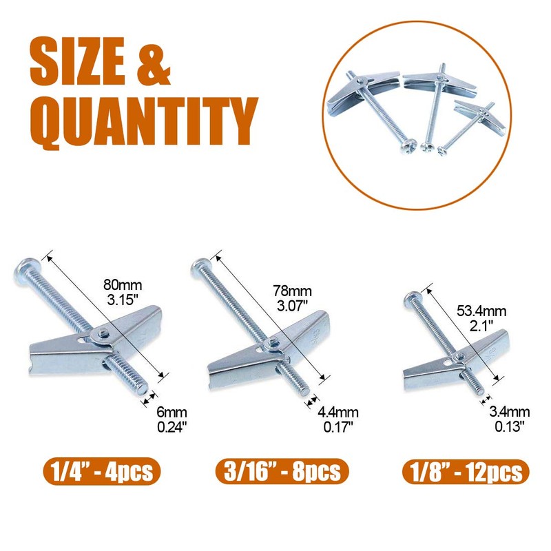 ISPINNER 24pcs Toggle Bolt and Wing Nut Assortment Kit for