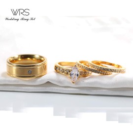 Two Rings His Hers Wedding Ring Sets Couples Rings Women's 10k Yellow Gold Plated White CZ Wedding Engagement Ring Bridal Sets & Men's Titanium Wedding Band