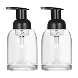 CHBJDAN 2 Pack Thick Clear Glass Jar Soap Dispenser with Foaming Pump, 10 Ounce Clear Round Bottles Dispenser with Foaming Pump (Black, 10oz)