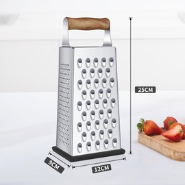 YC Kitchen Cheese Grater, Wooden Handle, Stainless Steel Grater, Manual Cheese Grater, Vegetable Grater, 4 Sides Square Grater and Kitchen Grater, Practical Gadgets