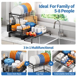 TOOLF Extendable Dish Drying Rack, 2-Tier Dish Rack for Kitchen Counter, Large Expandable Dish Drainer Over Sink, 3 in 1 Multifunction Dish Strainer with Drainboard & Cups Holder, Black