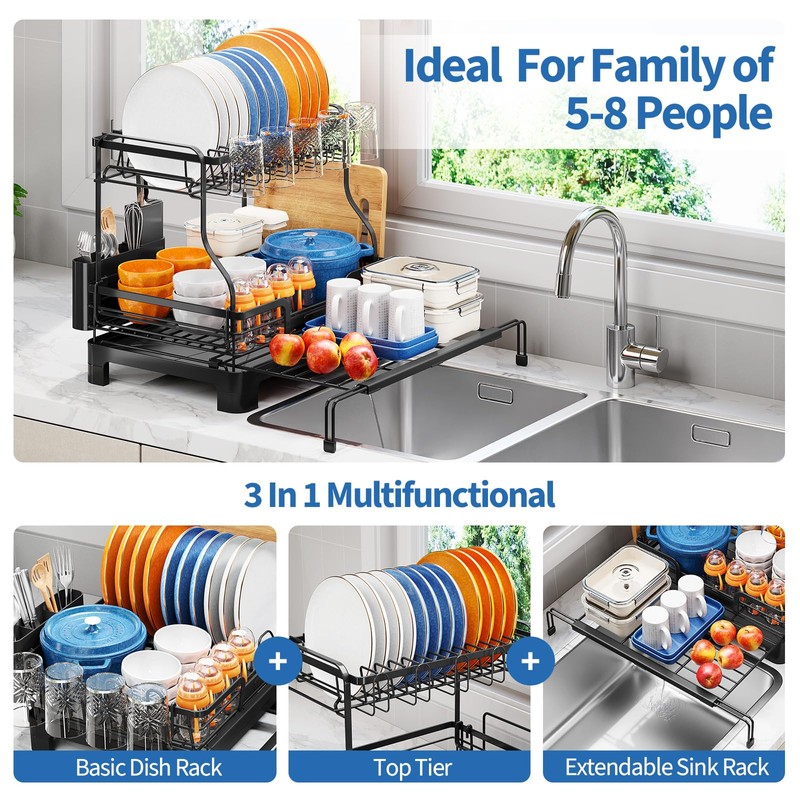 TOOLF Extendable Dish Drying Rack, 2-Tier Dish Rack for Kitchen